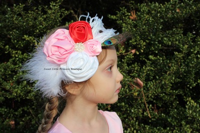 Rosette Flower and Feather Headband