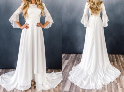 Chiffon Lace Boho Modest Wedding Dresses With Sleeves Lace-Up Back Country Western Informal Bridal Gowns,1292