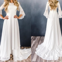 Chiffon Lace Boho Modest Wedding Dresses With Sleeves Lace-Up Back Country Western Informal Bridal Gowns,1292 - Thumbnail 1