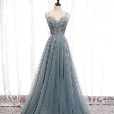 Blue tulle beads long prom dress a line evening dress - Thumbnail 3