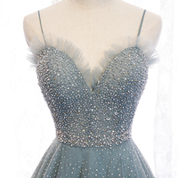 Blue tulle beads long prom dress A line evening dress - Thumbnail 1