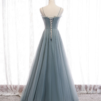 Blue tulle beads long prom dress A line evening dress - Thumbnail 2