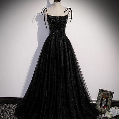 Black tulle beads long prom dress a line evening dress - Thumbnail 1