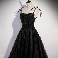 Black tulle beads long prom dress A line evening dress - Thumbnail 1
