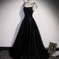 Black tulle beads long prom dress A line evening dress - Thumbnail 2