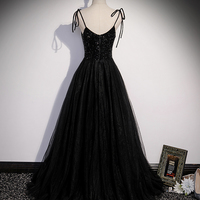 Black tulle beads long prom dress A line evening dress - Thumbnail 3