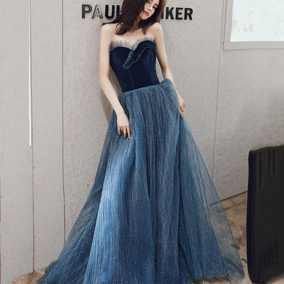 Blue velvet tulle long prom dress a line evening dress