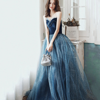 Blue velvet tulle long prom dress A line evening dress - Thumbnail 2