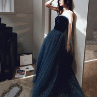 Blue velvet tulle long prom dress A line evening dress - Thumbnail 3