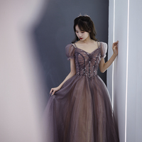 Cute tulle beads long prom dress A line evening dress - Thumbnail 1