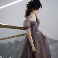 Cute tulle beads long prom dress A line evening dress - Thumbnail 4