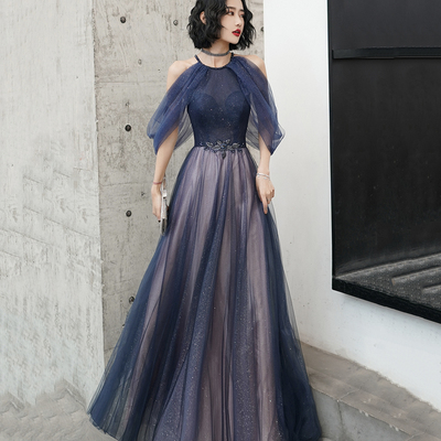 Blue tulle sequins long prom dress blue evening dress - Thumbnail 3