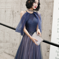 Blue tulle sequins long prom dress blue evening dress - Thumbnail 1