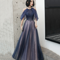 Blue tulle sequins long prom dress blue evening dress - Thumbnail 6