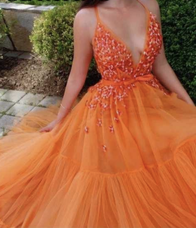 Orange Prom Dresses Tulle Floor Length with Beaded