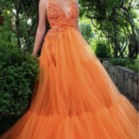 Orange Prom Dresses Tulle Floor Length with Beaded - Thumbnail 1