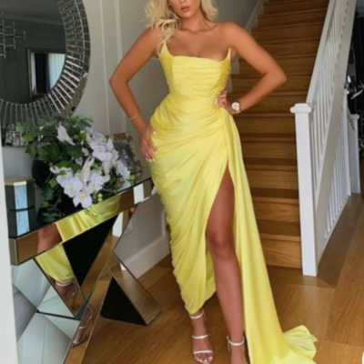 One shoulder yellow prom dresses slit - Thumbnail 3