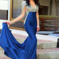 Royal Blue Prom Dresses Mermaid Full Sleeves with Rhinestones - Thumbnail 1
