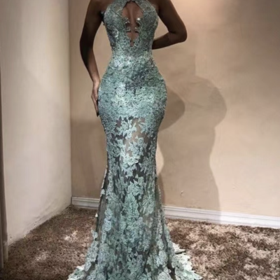 Halter mermaid prom dresses with appliqué keyhole - Thumbnail 2