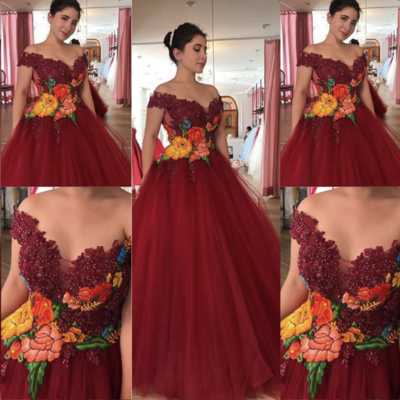 Off shoulder burgundy prom dresses birthday gown with beaded appliqué - Thumbnail 4