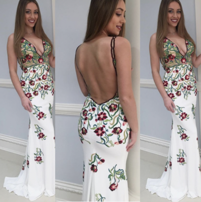 Prom Dresses Backless V Neck with Embroidery