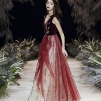 Burgundy velvet long prom dress A line evening gown - Thumbnail 1