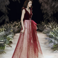 Burgundy velvet long prom dress A line evening gown - Thumbnail 2