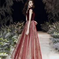 Burgundy velvet long prom dress A line evening gown - Thumbnail 4