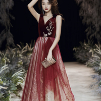 Burgundy velvet long prom dress A line evening gown - Thumbnail 6