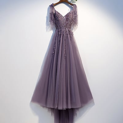 Purple tulle lace long prom dress a line evening dress - Thumbnail 3