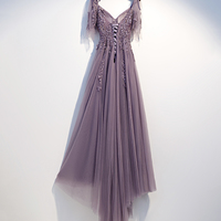 Purple tulle lace long prom dress A line evening dress - Thumbnail 1