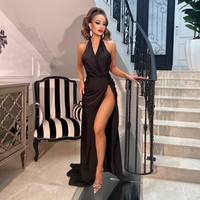 Sexy Mermaid Halter Black Silk Satin Prom Dresses with Slit - Thumbnail 1