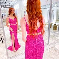 Chic Two Piece Hot pink Sequins Long Prom Evening Dresses with Side Slit - Thumbnail 1
