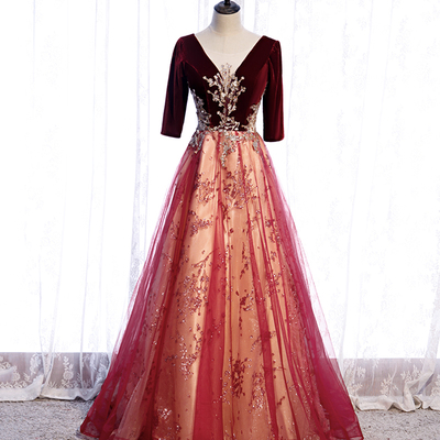 Burgundy velvet tulle long prom dress evening dress