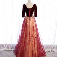 Burgundy velvet tulle long prom dress evening dress - Thumbnail 2