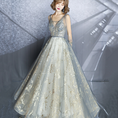 Gray tulle sequins long prom dress a line evening gown - Thumbnail 2