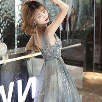 Gray tulle sequins long prom dress A line evening gown - Thumbnail 2