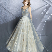 Gray tulle sequins long prom dress A line evening gown - Thumbnail 5