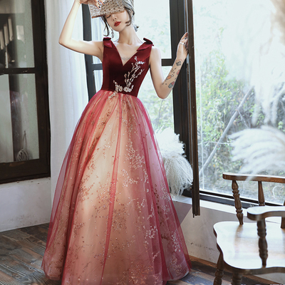 Burgundy velvet tulle long prom dress a line evening gown - Thumbnail 3