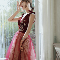 Burgundy velvet tulle long prom dress A line evening gown - Thumbnail 1