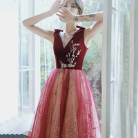 Burgundy velvet tulle long prom dress A line evening gown - Thumbnail 2