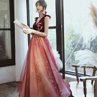 Burgundy velvet tulle long prom dress A line evening gown - Thumbnail 3