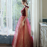 Burgundy velvet tulle long prom dress A line evening gown - Thumbnail 4