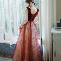 Burgundy velvet tulle long prom dress A line evening gown - Thumbnail 5