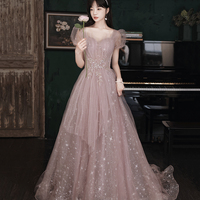 Pink tulle long prom dress A line evening gown - Thumbnail 1