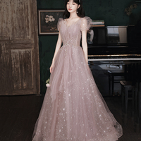 Pink tulle long prom dress A line evening gown - Thumbnail 3