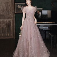 Pink tulle long prom dress A line evening gown - Thumbnail 2
