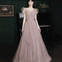Pink tulle long prom dress A line evening gown - Thumbnail 4
