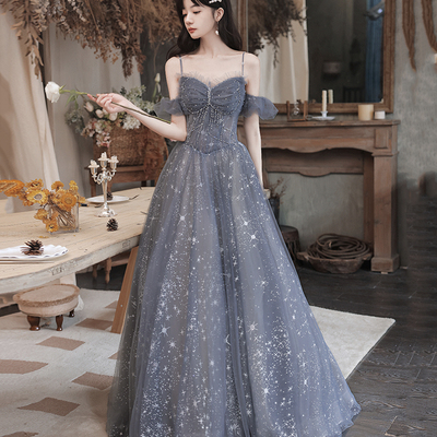 Gray tulle long prom dress a line evening dress - Thumbnail 3