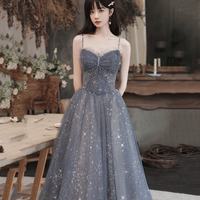 Gray tulle long prom dress A line evening dress - Thumbnail 3